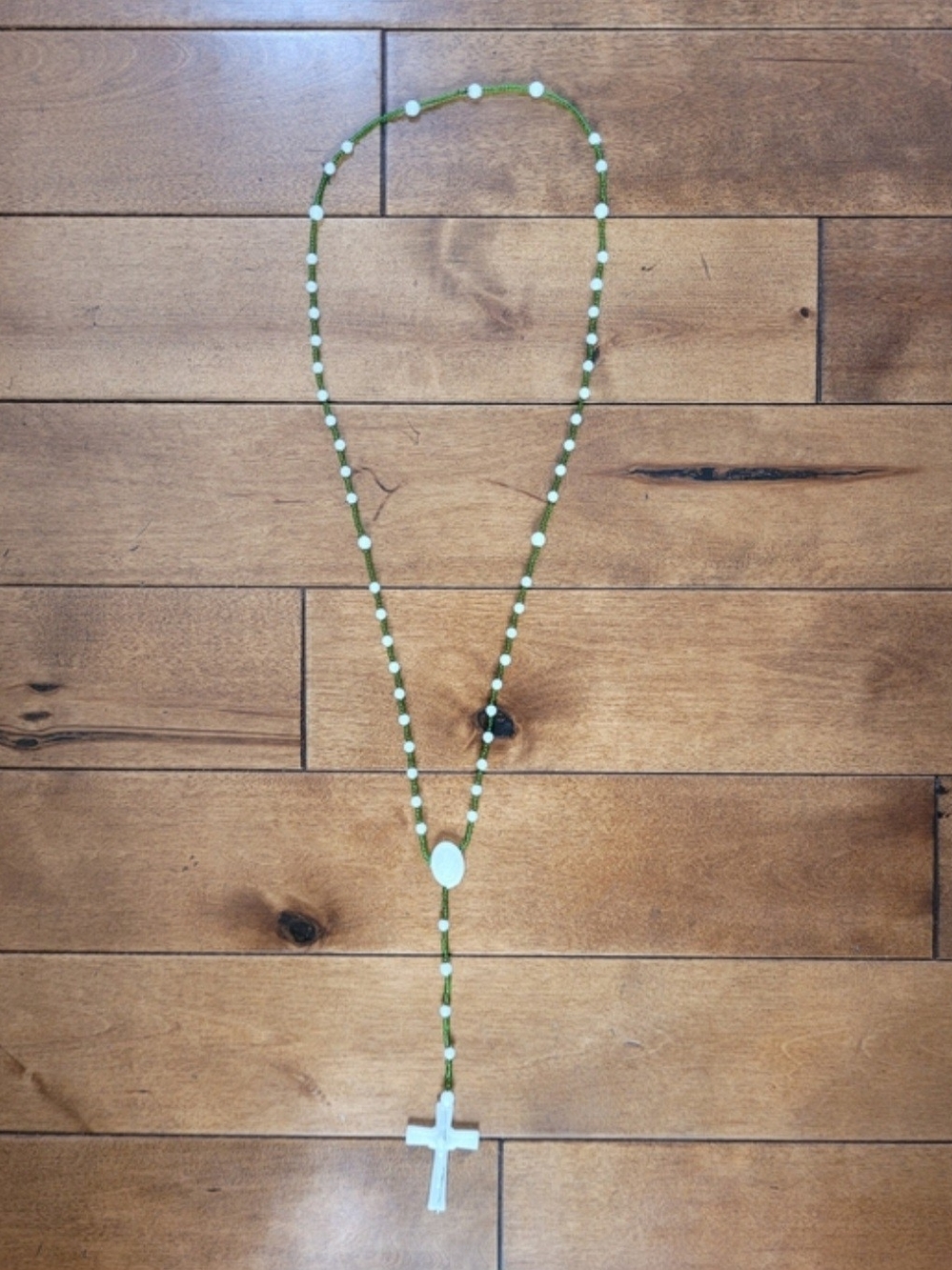 Custom-Made Green Beaded Catholic Dominican Cross Rosary Necklace
